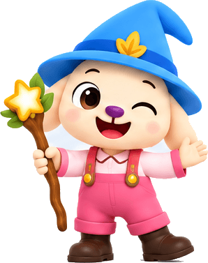Wizzly, the wizard character from the Wizzly app: a small floppy-eared wizard in a blue pointed hat and pink dungarees, waving and holding a wooden staff with a glowing star